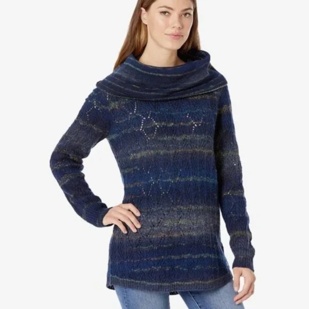 Royal Robbins Cowl Neck Sweater Small Blue Space Dye Sequin Pointelle Knit Top